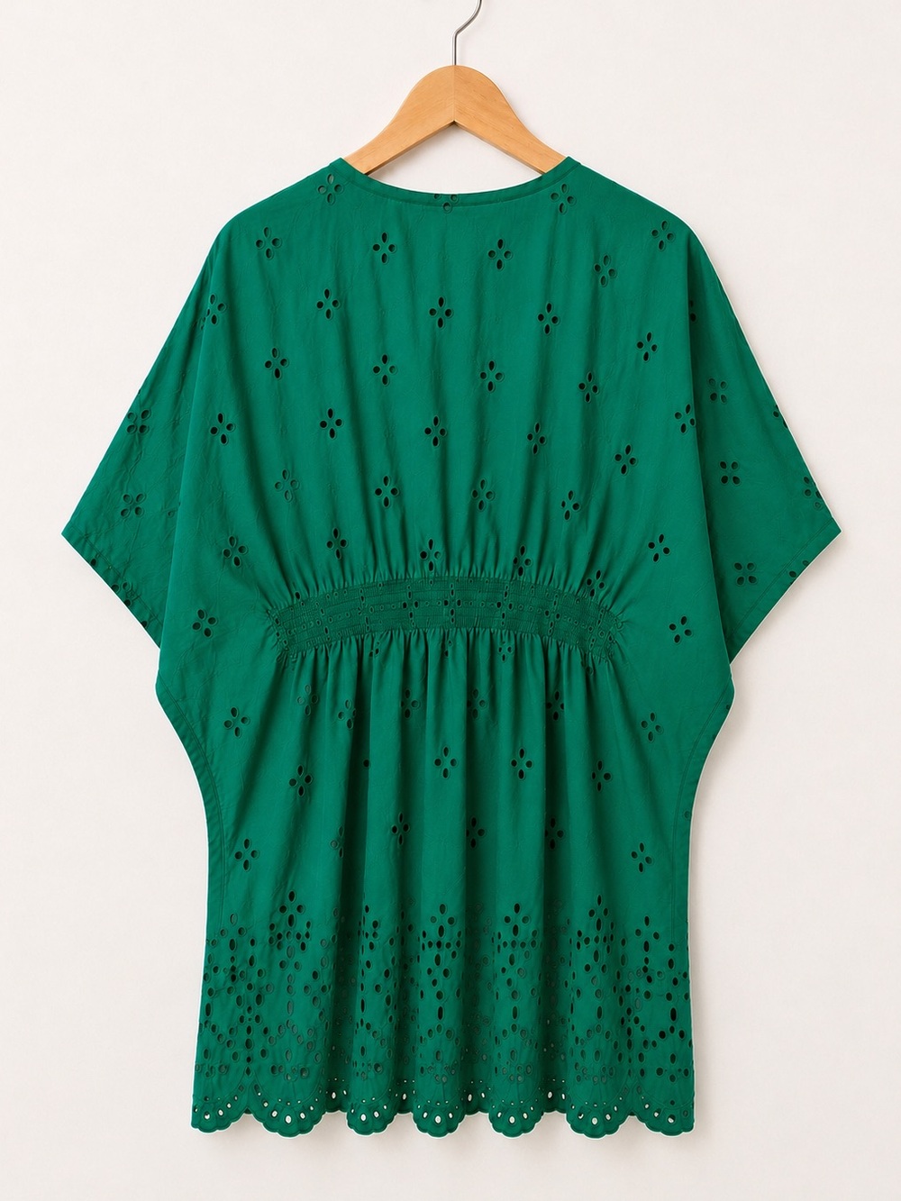 Shiraleah Emerald Green Boho Smocked Eyelet Mini Dress V-Neck Coverup Beach Pool - Picture 5 of 8